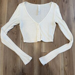 Alo White Button Down Cropped Long Sleeve Top-Size XS
